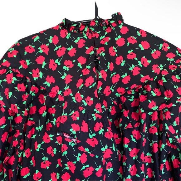 Zara poplin floral ruffle dress xsmall nwt black red - Picture 4 of 10